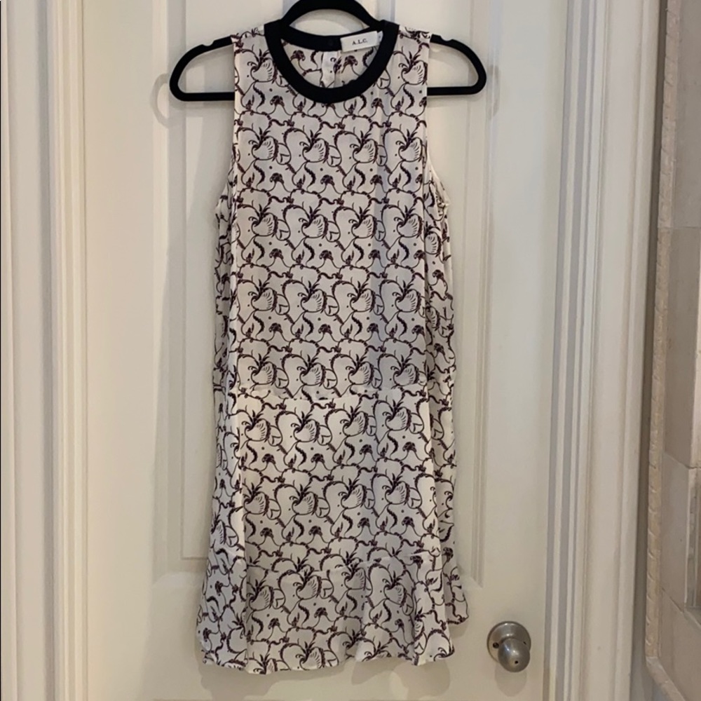 ALC White, black and maroon patterned silk dress